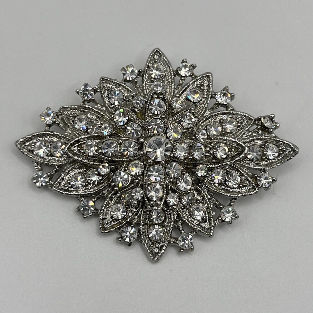 Crystal Brooch Pin Sparkly Art Deco Geometric Floral Bridal Silver Tone Pin 2.5"